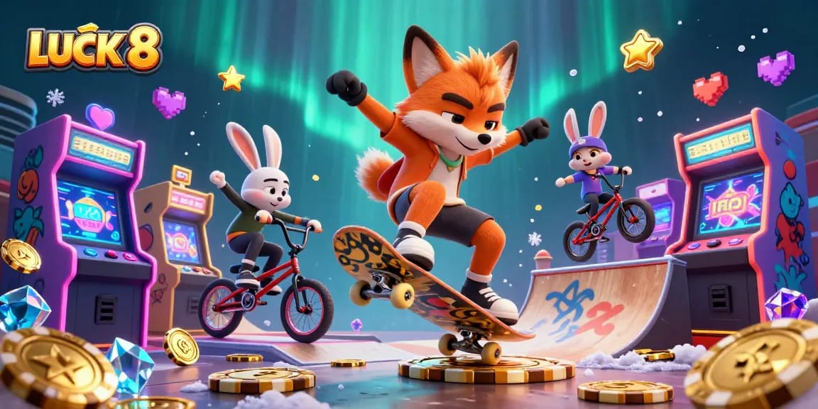 Experience LUCK 8 excitement with vibrant casino-themed games in this dynamic 3D illustration.