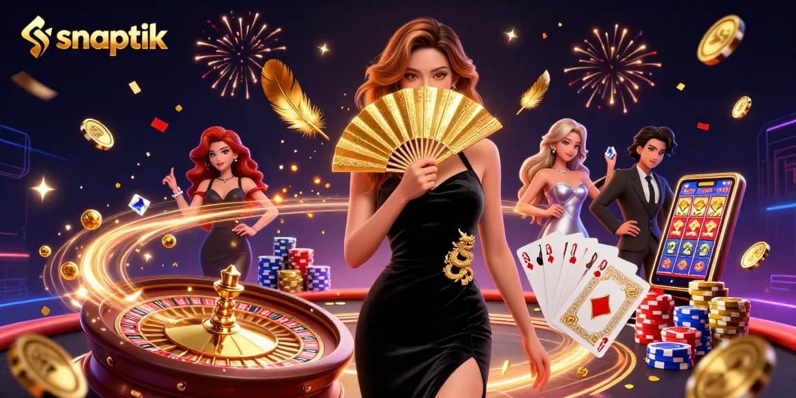 Download TikTok videos smoothly with snaptik, featuring a stunning Asian woman in a casino atmosphere.