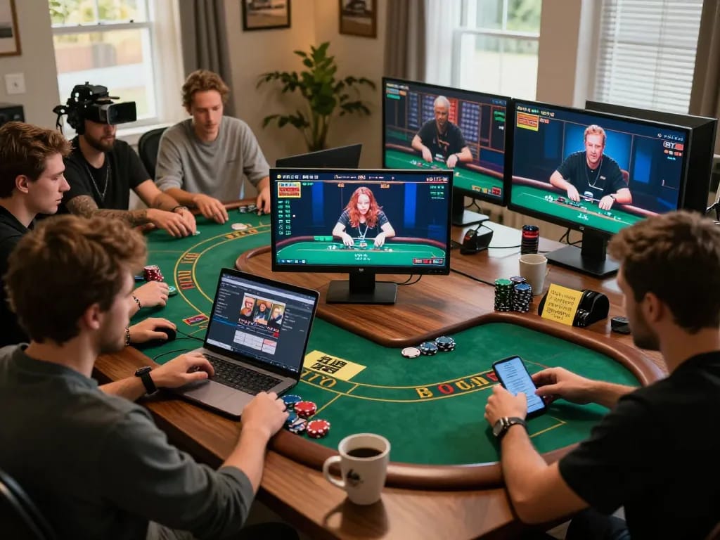 Experience thrilling online poker action at xx88 with players engaging on laptops and smartphones.