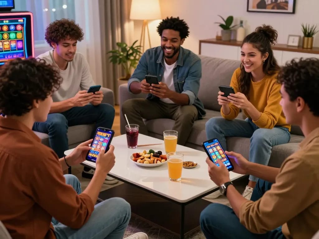 Friends enjoying gaming experiences at home with link vào o8 featuring vibrant slot game graphics and a cozy atmosphere.
