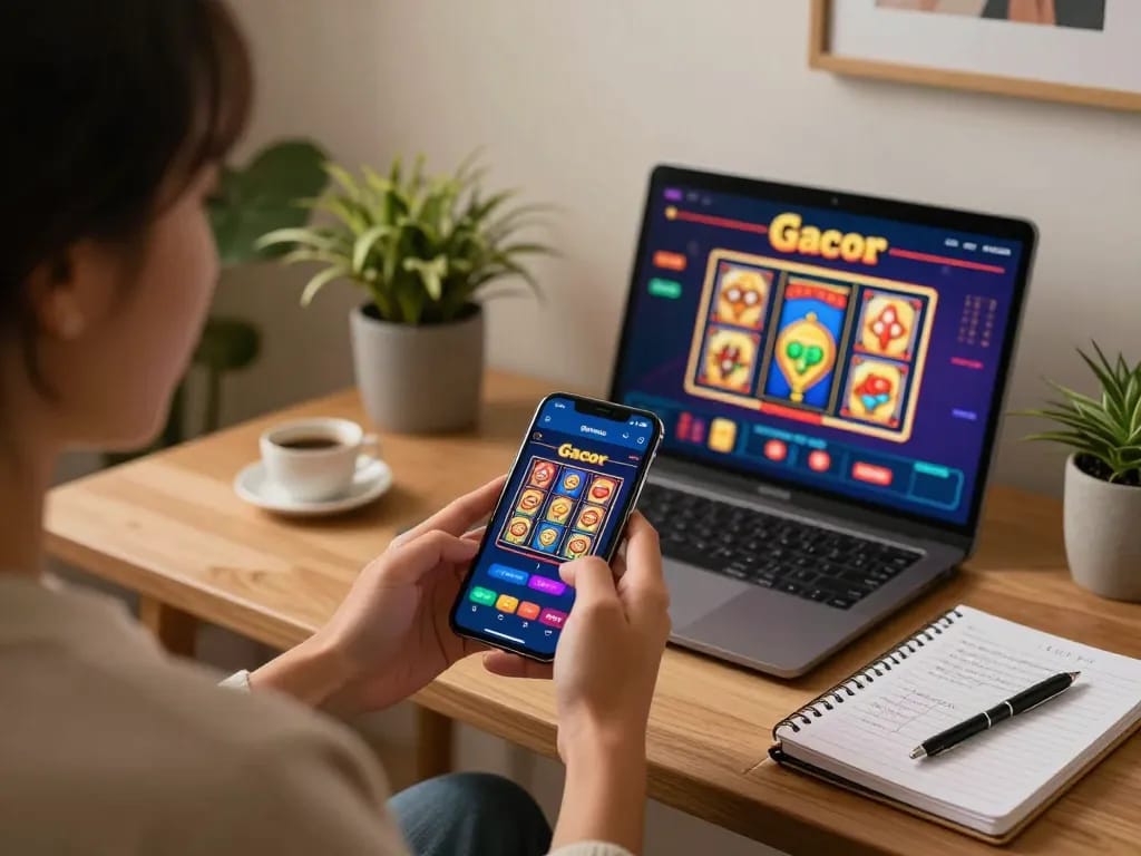 Person enjoying slot gacor games on a smartphone, showcasing a vibrant home gaming setup with strategies visible.