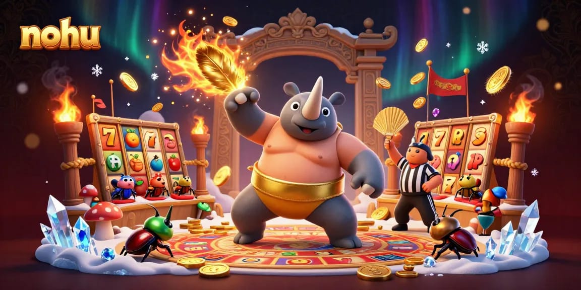 Nohu players spin slot reels under a dynamic atmosphere filled with coins and festive energy