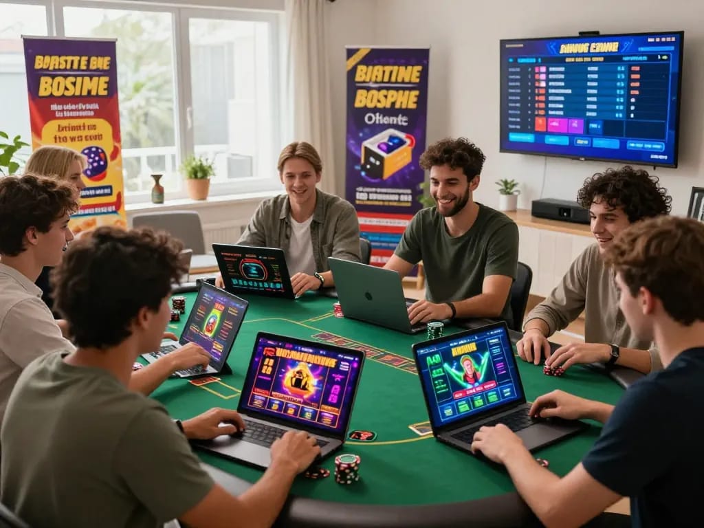 Engaging gambling scene from https://rr88c.mobi/ with players enjoying online poker, slots, and sports betting in a vibrant home workspace.