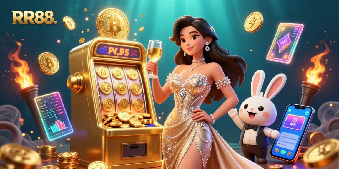 Win big at RR88 with a stunning scene showcasing riches, slots, and vibrant gaming elements.