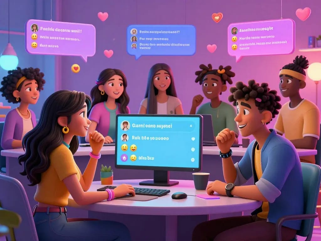 Engaging AI porn chat scene with diverse animated characters in a lively digital environment, highlighting playful interactions.