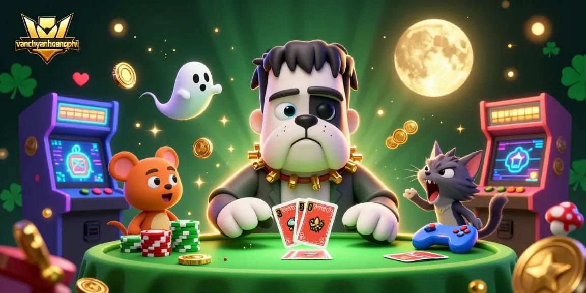 Join the fun at vanchuyenhoangphi with a vibrant 3D casino scene showcasing a bulldog monster and whimsical characters.