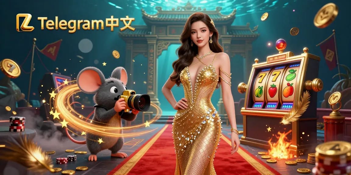 在这个充满活力的赌场场景中与Telegram中文互动,展示令人兴奋的老虎机转轴和华丽的环境。