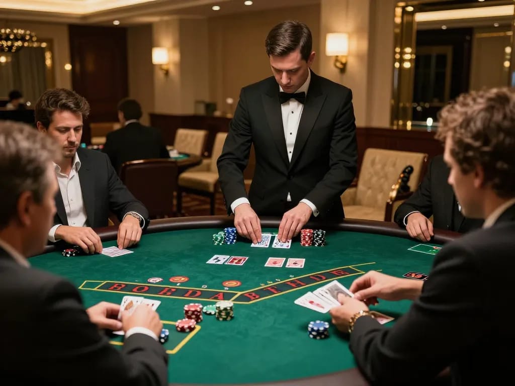 Engaged players at KJC blackjack table experiencing high-stakes gameplay with expert dealer.