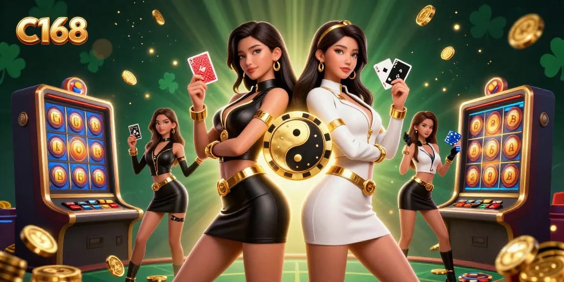 C168 showcases twin Asian women with playing cards, emphasizing casino excitement and vibrant graphics.