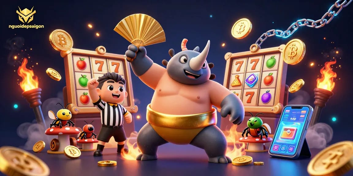 Experience thrilling slots action with nguoidepsaigon's cartoon beetles amidst shimmering coins.