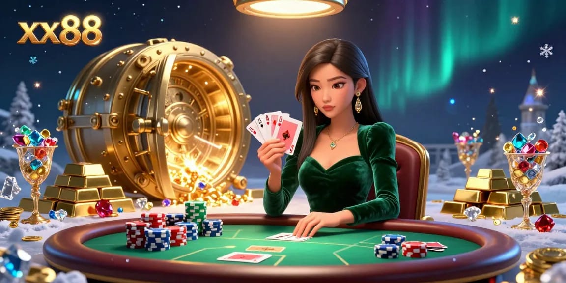 Experience the thrill of xx88 with a beautiful woman playing cards at a vibrant casino table.