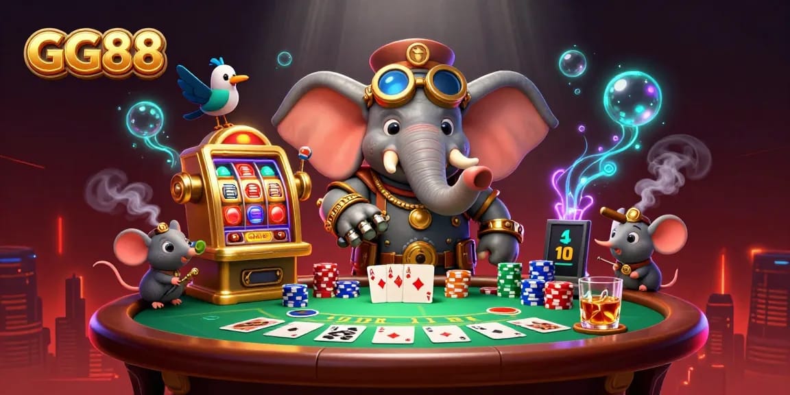 Experience the excitement of GG88 with a vibrant 3D illustration of a steampunk elephant engineer at a slot machine.