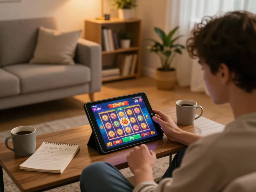 ZOWIN player enjoying online slot games in a cozy living room, showcasing responsible gaming atmosphere.
