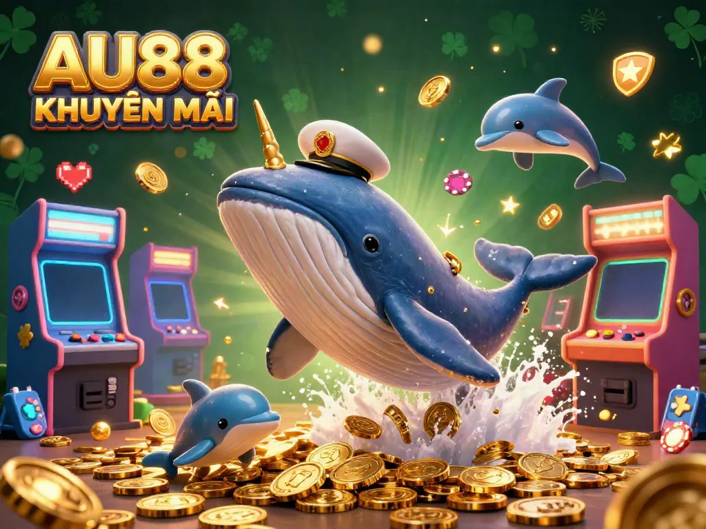 Join the excitement with AU88 KHUYẾN MÃI in this vivid 3D scene featuring gaming and casino elements.