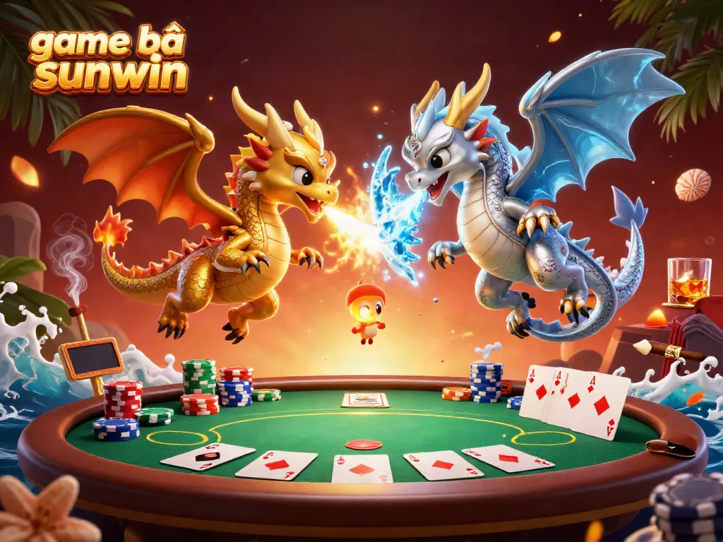 Experience thrilling action with game bài sunwin in a vibrant 3D illustration featuring golden and silver dragons.