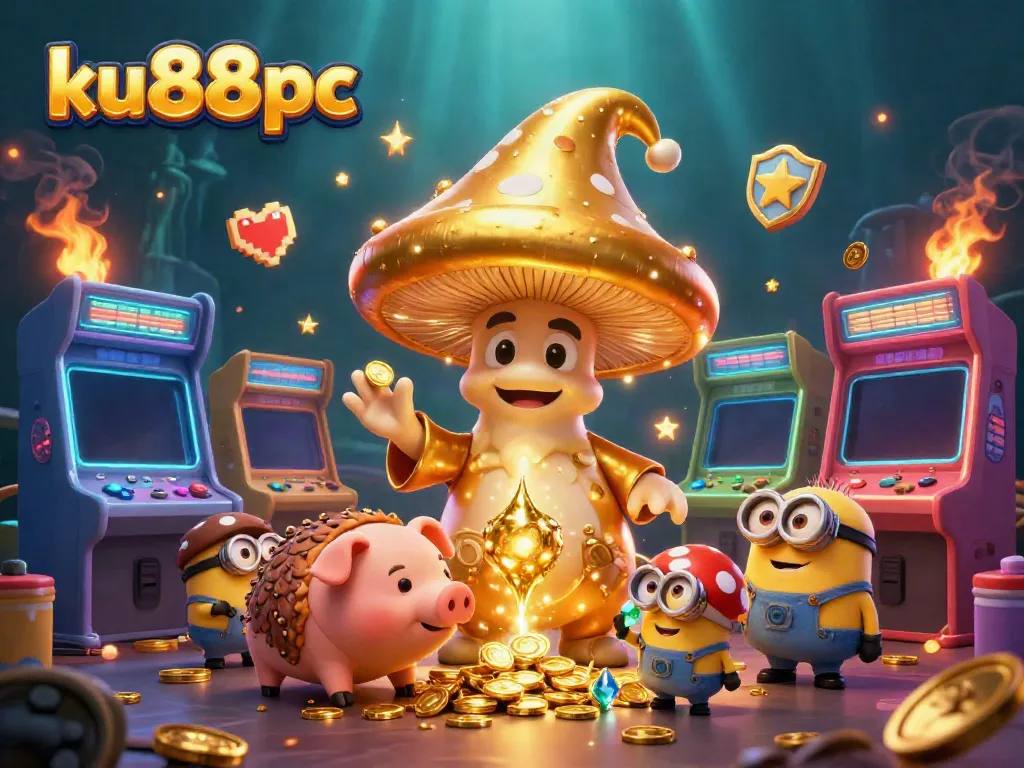 Experience the magic of ku88pc with a golden wizard, truffle pig, and jewels in a vibrant casino scene.