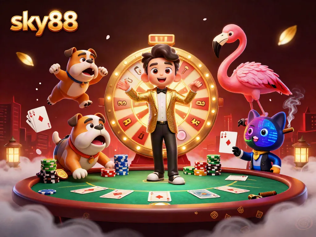 sky88 casino themed illustration featuring a flamingo host, a bulldog contestant, and dramatic poker game elements.