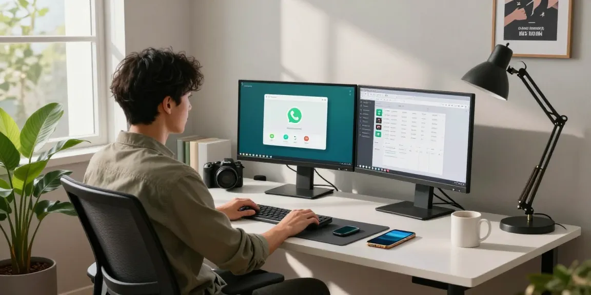 Engaging home office scene displaying WhatsApp電腦版 on dual monitors enhancing productivity.