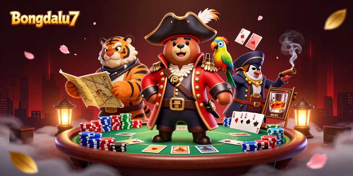 Bongdalu7 captures intense poker action with animated characters amidst vibrant casino elements.