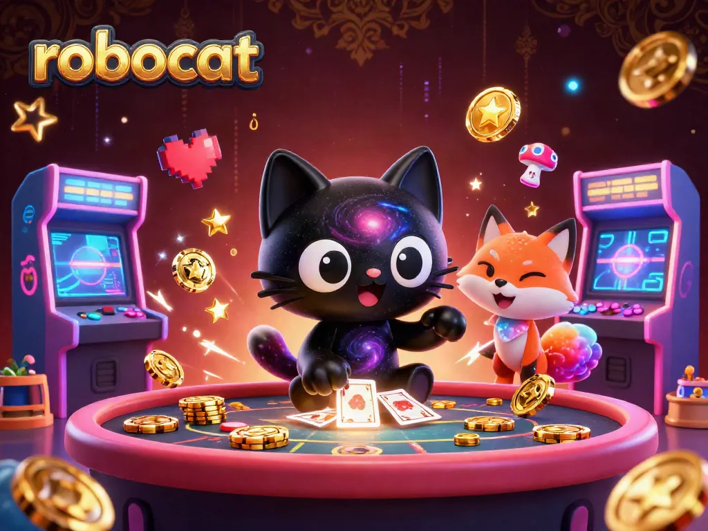 Robocat entices players at a cosmic casino table, surrounded by vibrant gaming elements.