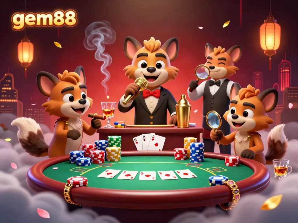 gem88 hyenas perform at a vibrant casino, showcasing poker elements and a lively atmosphere.