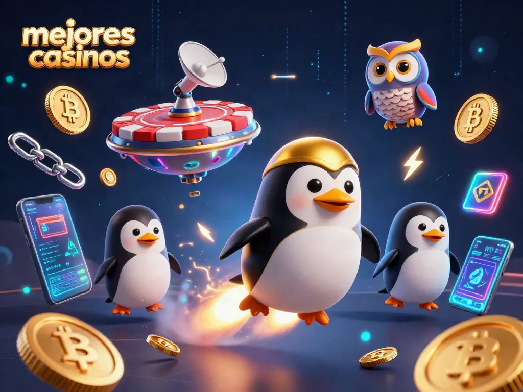 Mejores casinos en 2026, ilustración 3D con un pingüino dorado y elementos de criptomonedas