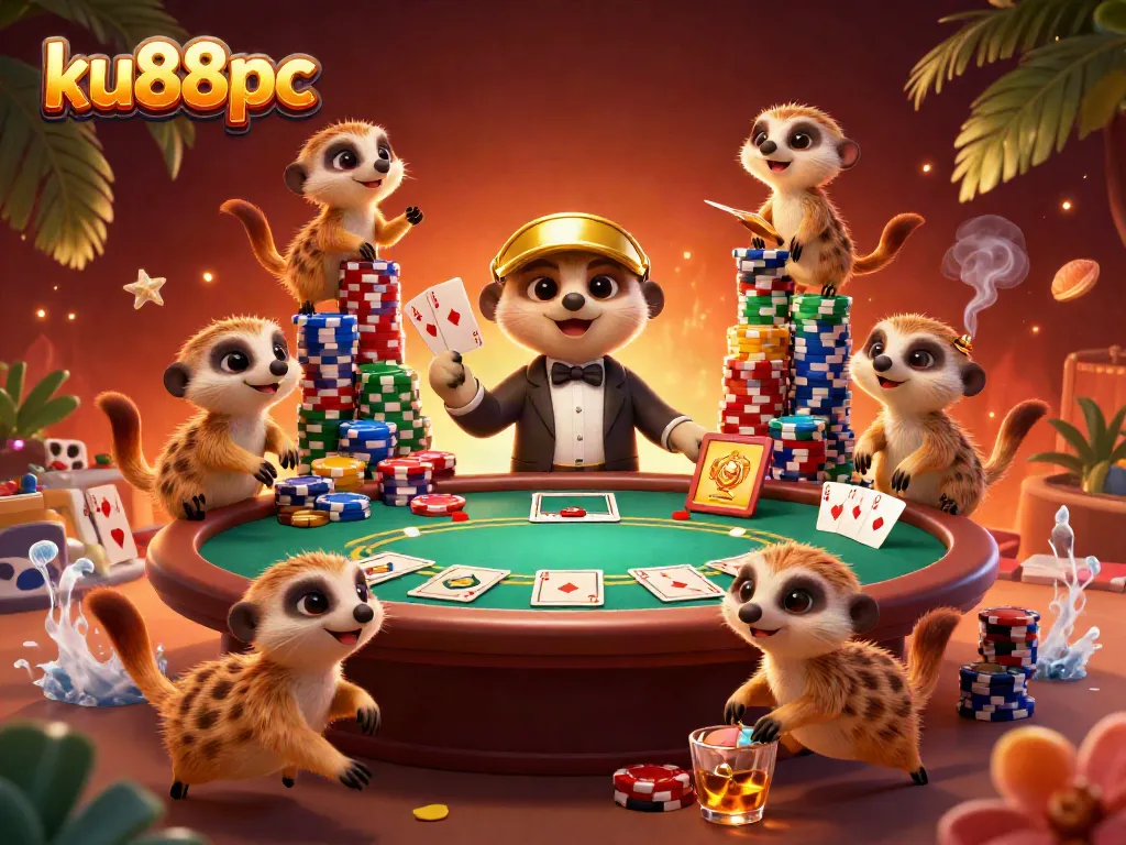 Experience exciting gameplay with ku88pc's meerkats running a vibrant casino, including dynamic poker action.
