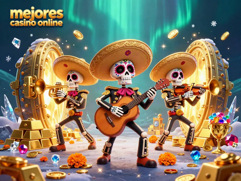 Participa en los mejores casinos online con una ilustración vibrante de mariachi y tesoros brillantes.