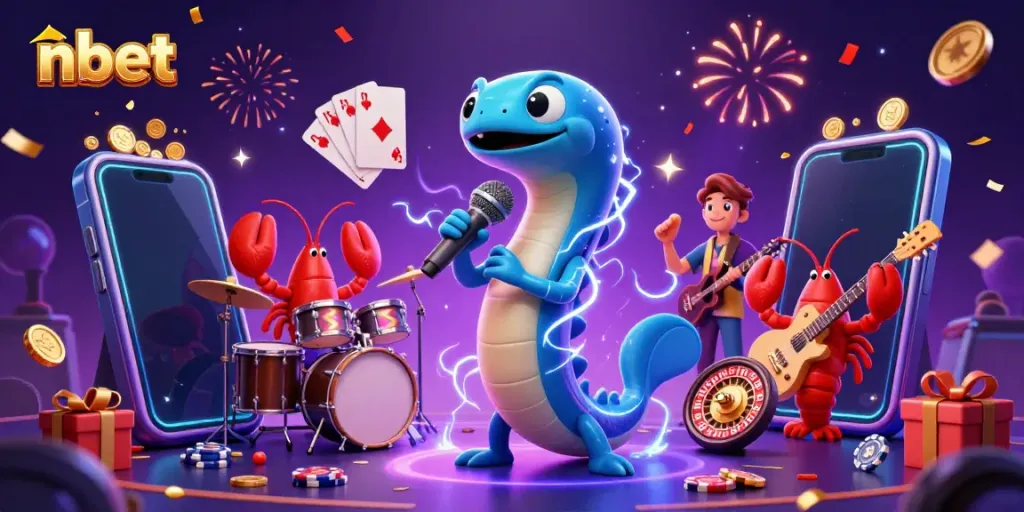 Experience immersive fun at nbet with a lively underwater casino featuring an electric eel DJ, lively avatars, and bursting game elements.