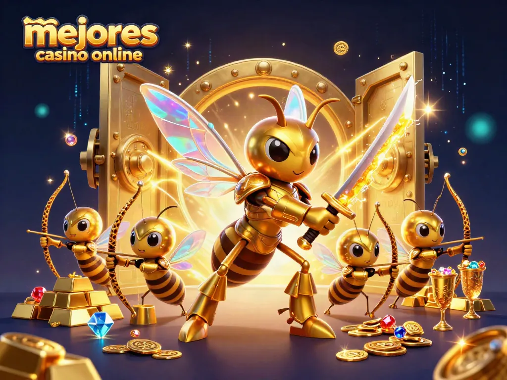 Ilustra los mejores casinos online con un gigante avispa samurái y un tesoro resplandeciente.