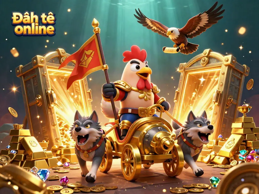 Engage in Đánh đề online with a dynamic scene featuring a warlord on a golden chariot amidst treasures and jewels.