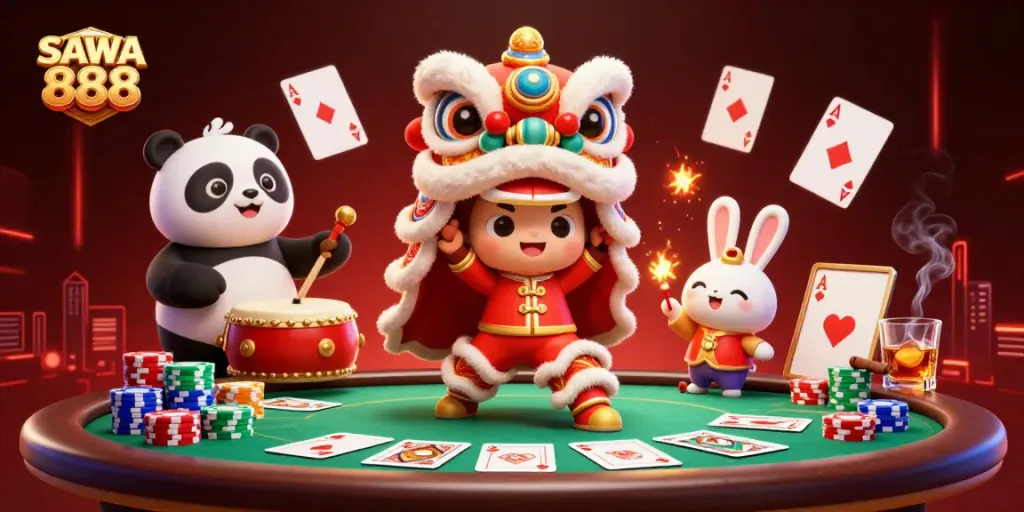 Engage with SAWA 888's vibrant casino scene featuring colorful characters and dynamic game elements.
