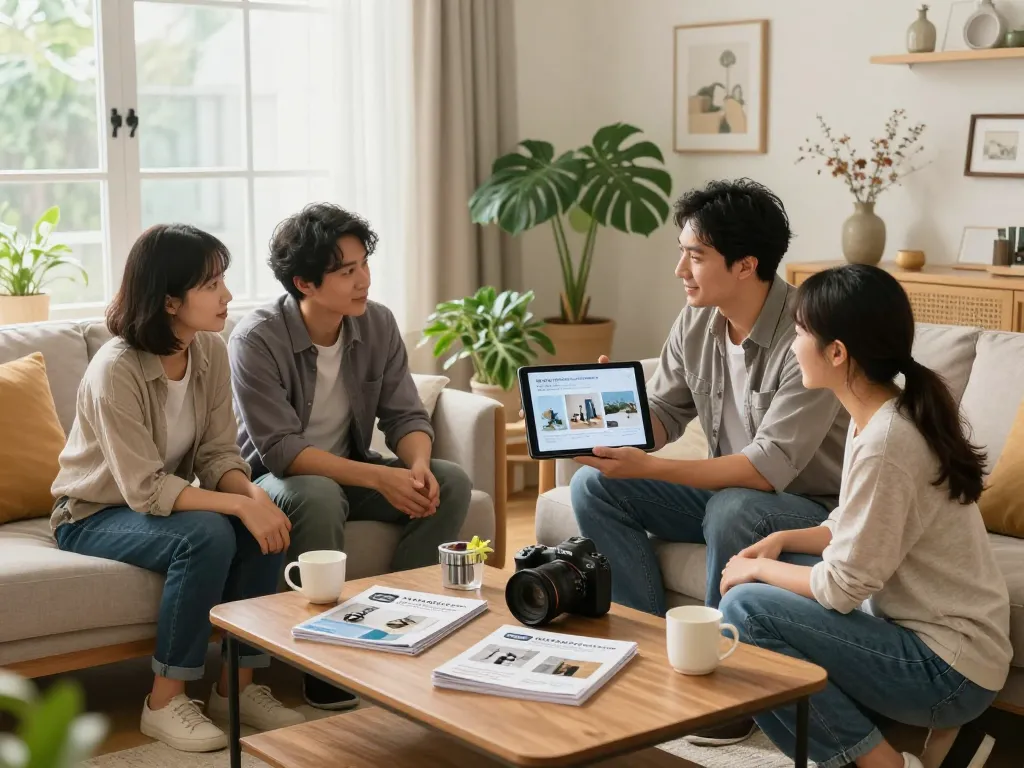 Familia discutiendo opciones de servicios hogar en una sala de estar luminosa llena de plantas y decoración del hogar.
