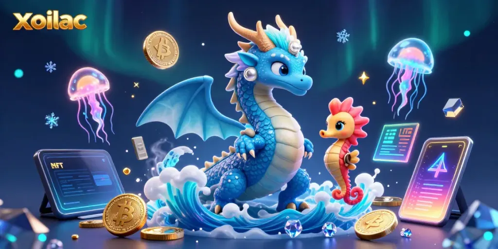 Experience the excitement of xoilac with a colorful 3D fantasy dragon and crypto gaming elements.