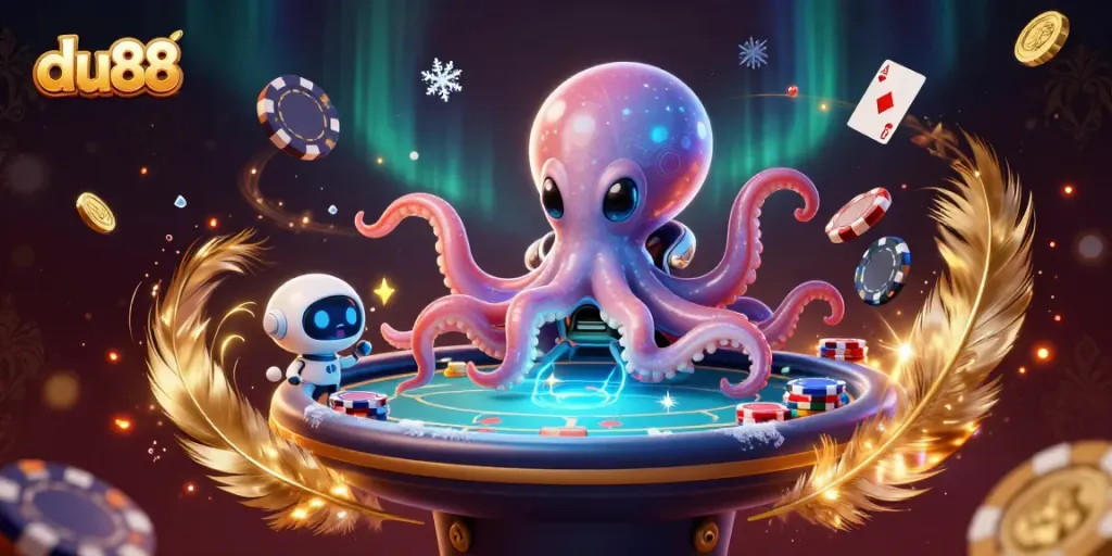 Experience thrilling gameplay with du88's vibrant atmosphere featuring an alien octopus at a holographic poker table.