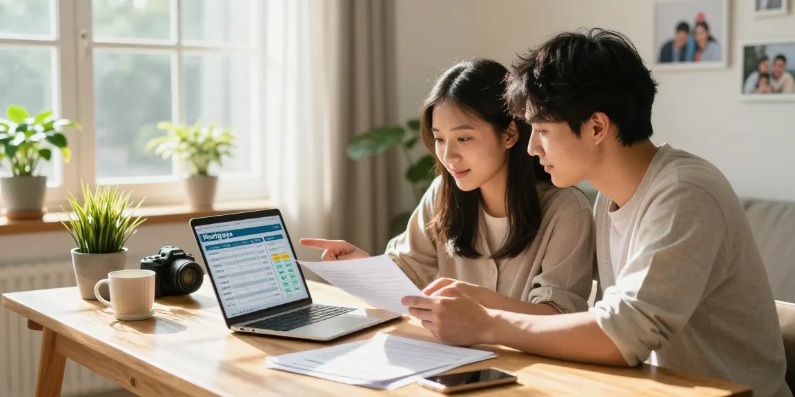 Couple simulating a mortgage with a calculator in a modern home office.