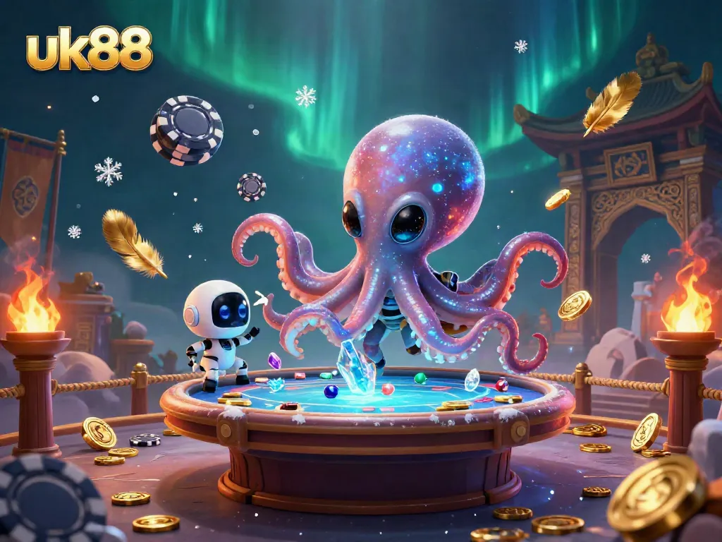 Engage with the lively uk88 casino scene featuring an alien octopus and a robot at a holographic poker table.