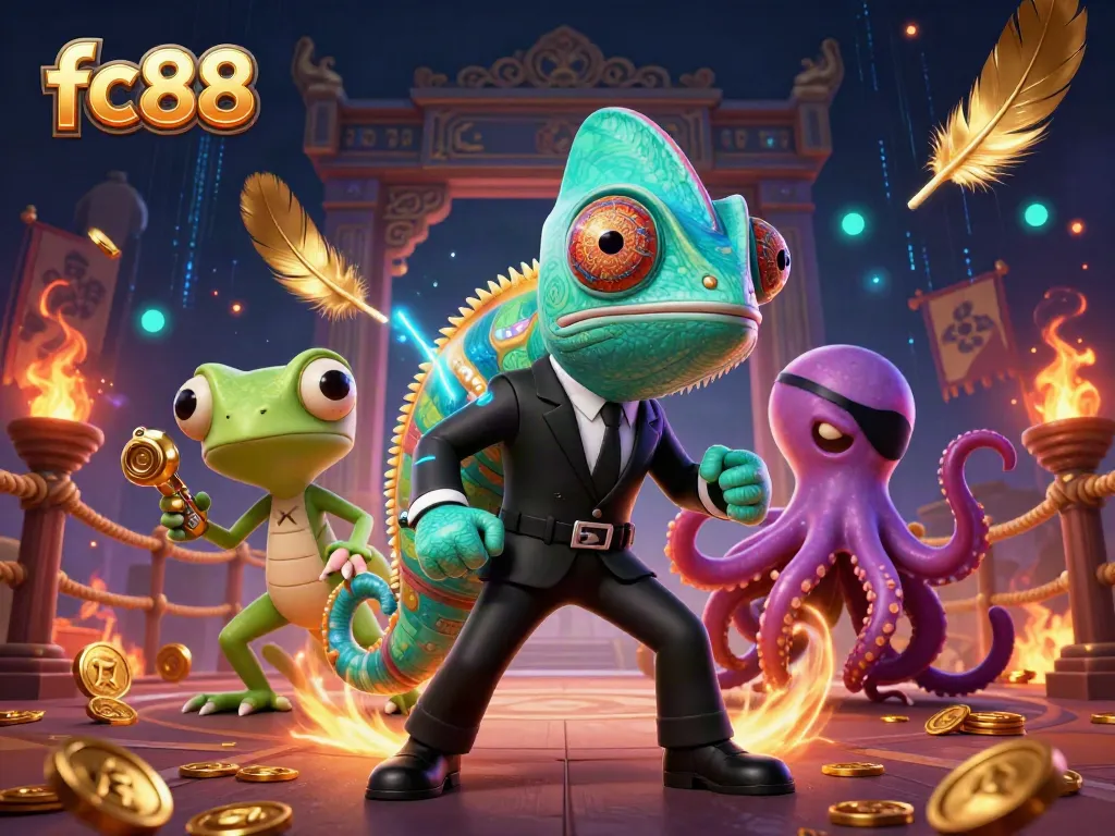 FC88 showcases a thrilling scene with a colorful chameleon, tech-savvy gecko, and villainous octopus at a casino.
