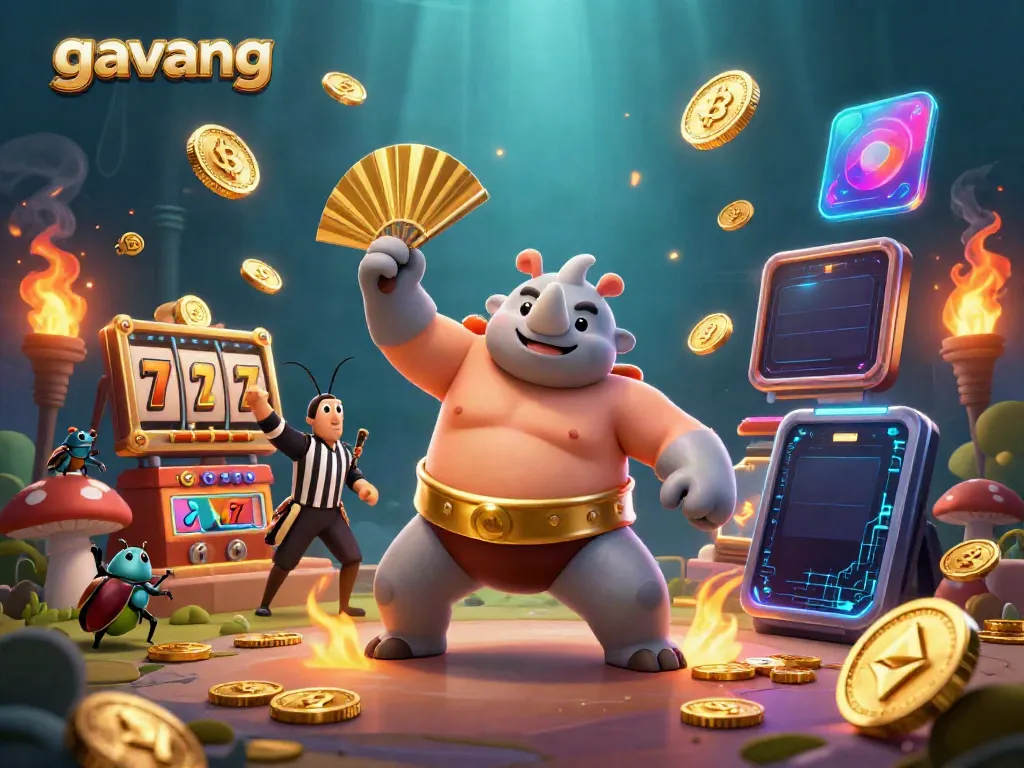 Experience thrilling gambling action with gavang featuring a sumo beetle champion surrounded by golden coins and vibrant gaming elements.