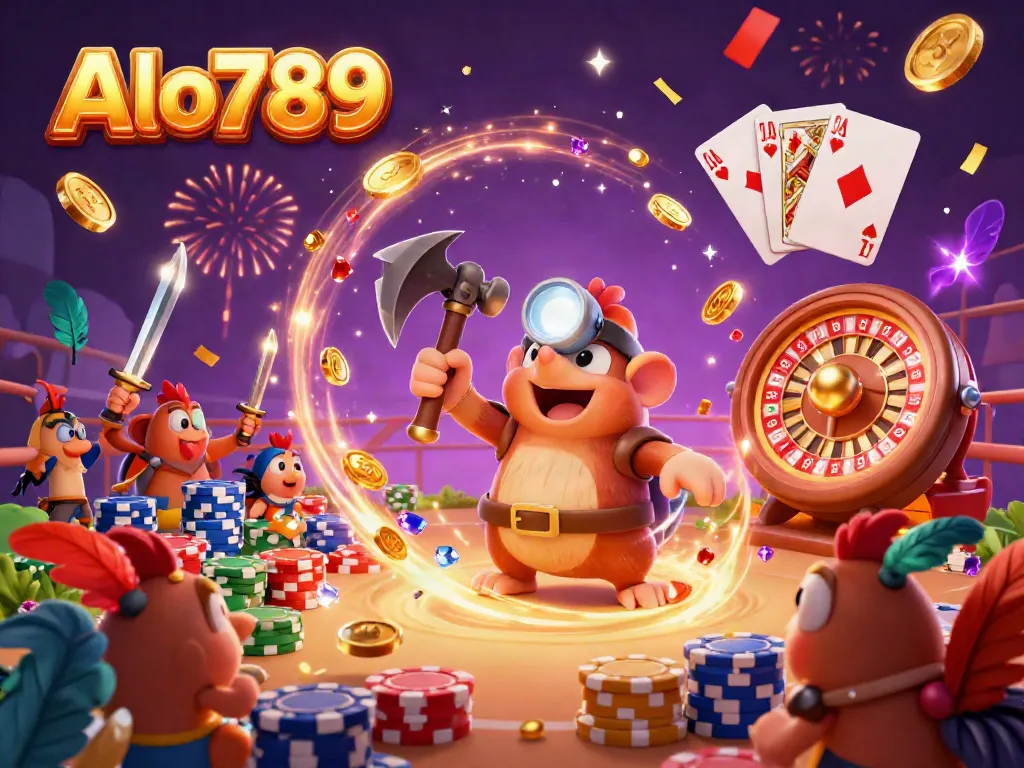 Alo789 features an exhilarating cockfighting scene with a treasure hunter mole surrounded by excitement and winnings.