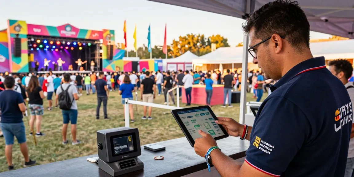 Smart event organizer at festival using pulsera monedero eventos for seamless access control.