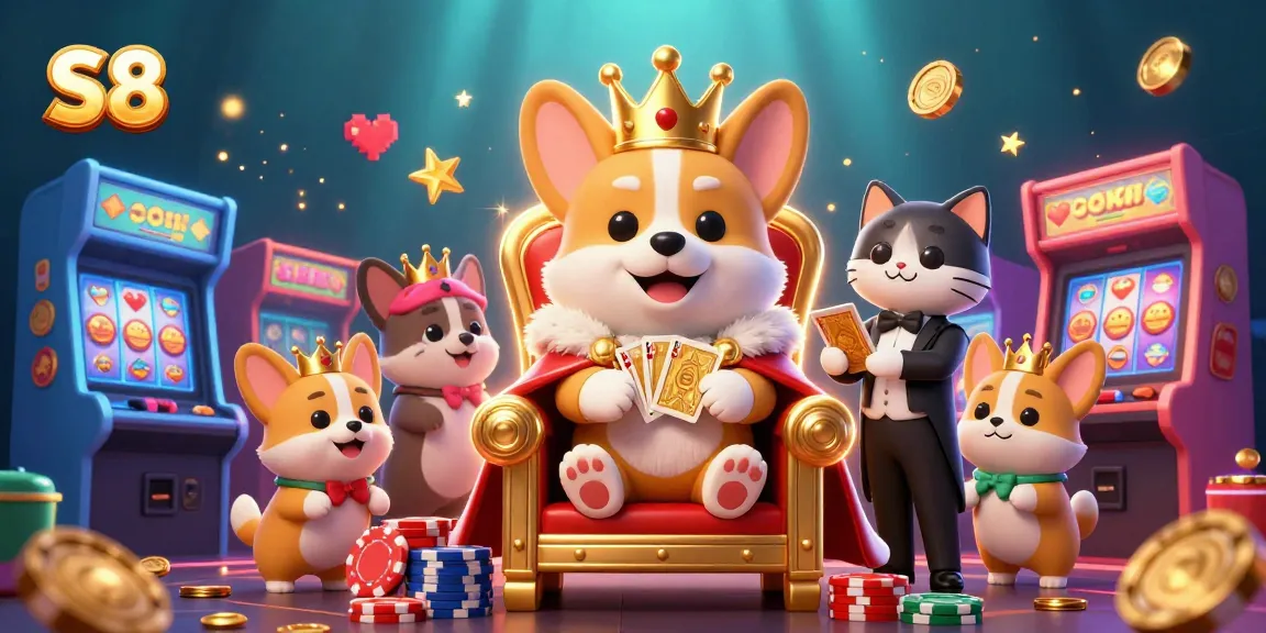 S8 invites gamers to join a royal experience, featuring the corgi king and arcade excitement in a vibrant casino setting.