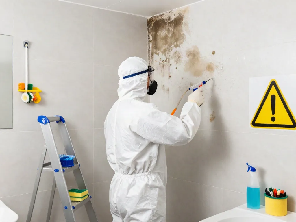 Desinfección de moho en Barcelona, especialista retirando moho de las paredes del baño con equipo de limpieza profesional.
