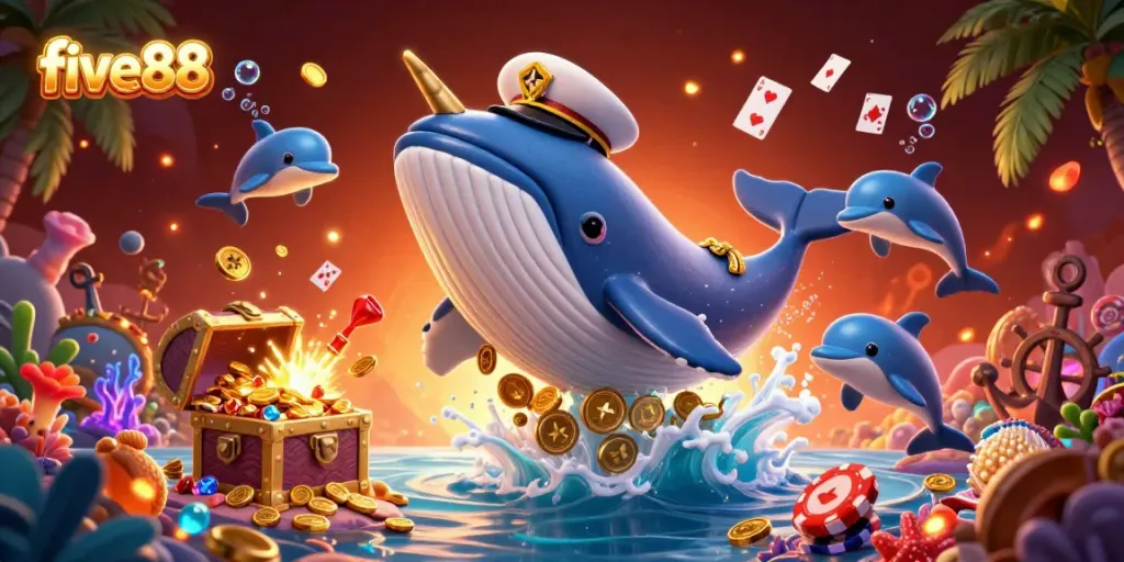 The whale with poker chips brings excitement to five88's casino gaming scene.