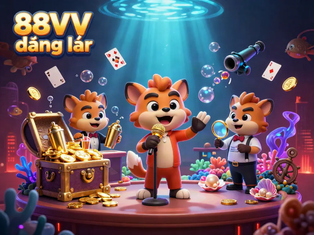Engage with 88VV đăng nhập in a lively casino scene featuring comedian hyenas, vibrant underwater effects, and colorful casino elements.