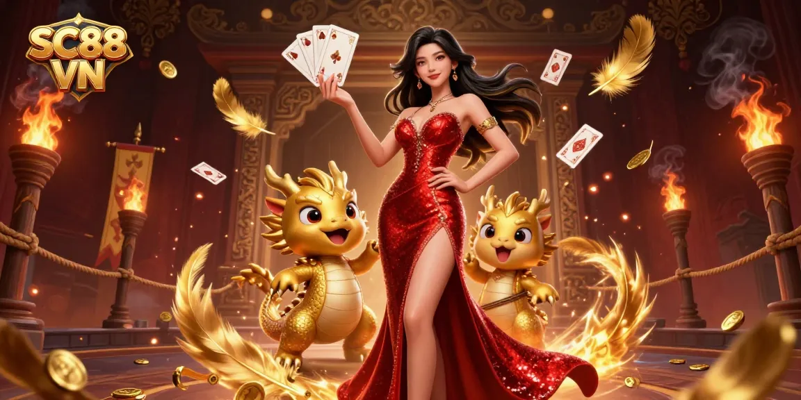 Engage in thrilling gameplay at SC88 VN with a stunning Asian heroine, dragon mascot, and dynamic casino elements.