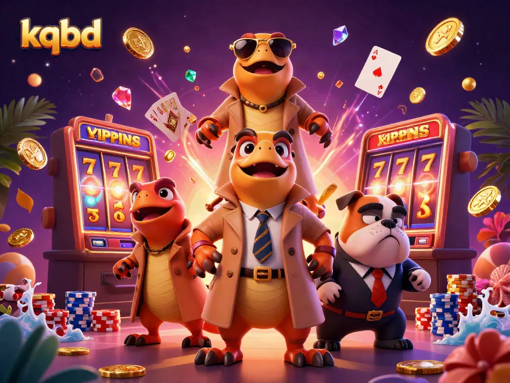 Exciting kqbd scene featuring cartoon raptors in a trench coat entering a casino, surrounded by slot machines and sparkling coins.