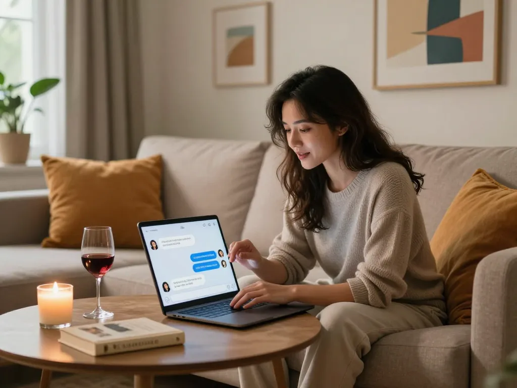Engaging in ai chat nsfw with a virtual companion in a cozy home.