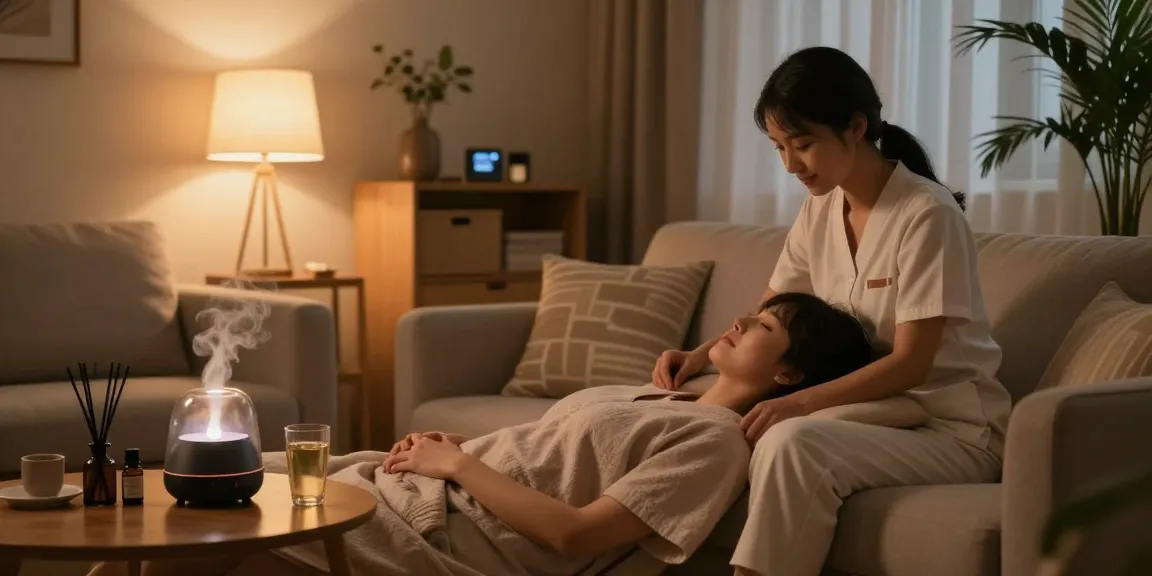 Enjoying a luxurious 출장안마 session at home, with a professional therapist in a cozy environment.
