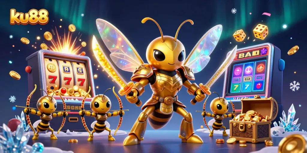 Experience the lively atmosphere of ku88 with 3D characters celebrating jackpots amidst vibrant casino games.